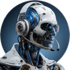 Fototapeta premium Technical support icon. Chat bot web assistance. Robot in headphone. Front view