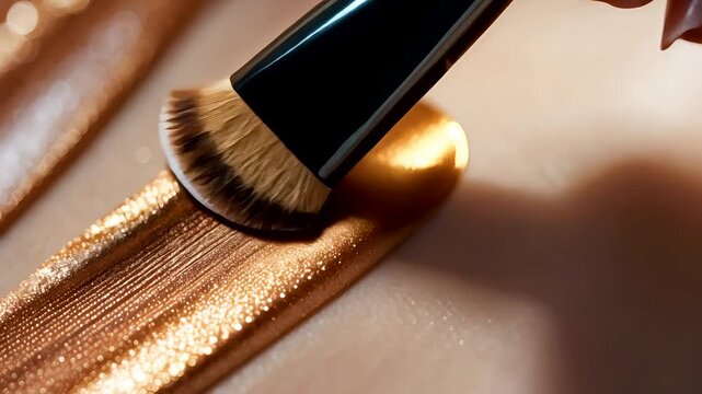 Cosmetic brush applying a sparkling golden pigment stroke across smooth skin in an extreme closeup view