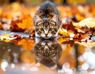 Kitten and Autumn Reflection in a Puddle