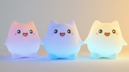 Fototapeta premium Row of three cute, glowing, stylized cat-shaped lights. Pastel colors and happy expressions.