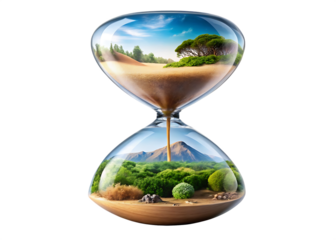 Unique Hourglass with Desert Landscape and Lush Forest Representing Earth's Time on white background ,PNG.AI Generated.