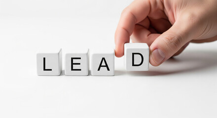 white dice-like wooden cubes forming LEAD with hand placing final block sales and marketing concept