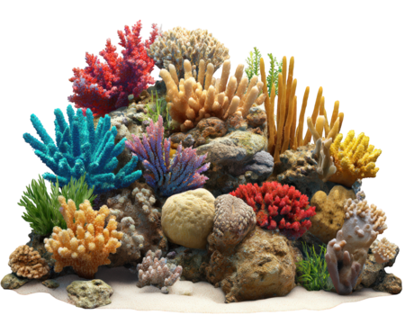 Colorful coral reef with vibrant marine life featuring blue red yellow and orange coral underwater rocks and green seaweed creating lively ocean scene