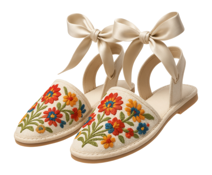 Embroidered fabric sandals with ankle ties and flat sole