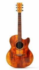 Fototapeta premium Acoustic guitar rendering in warm wood tones, standing upright against a white background for musical use