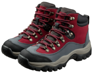 Red hiking boots with gray and black accents durable laces rugged sole and metal eyelets designed for outdoor adventure trekking and travel evoke sense of exploration