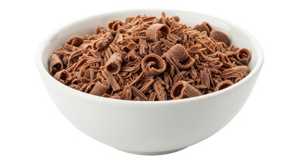 Isolated chocolate shavings in white bowl