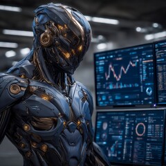 Fototapeta premium Robot trading on stock market. Artificial intelligence of forex broker with analyzing business charts with investment financial data. Computer software of trade on stock exchange. Cyborg trader.