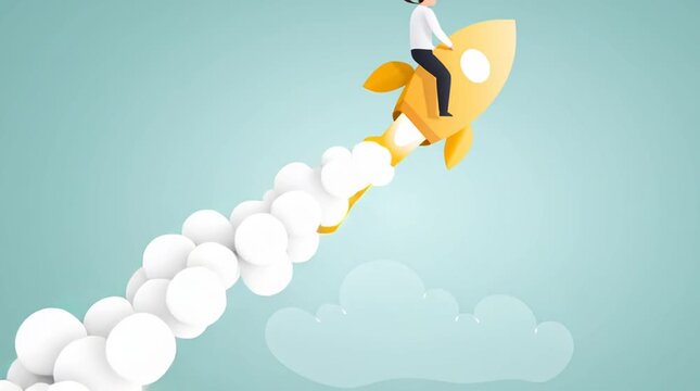 Businessman riding yellow rocket with upward arrow and smoke symbolizing growth success flight progress in business career and startup development