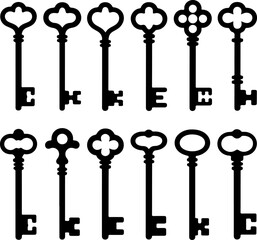 vintage black silhouette keys arranged in rows