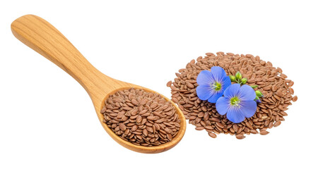 Isolated Flax Seeds and Flowers with Wooden Spoon