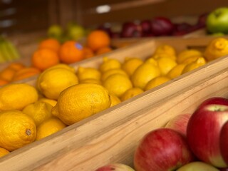 Lemons in organic store, fruits and vegetables
