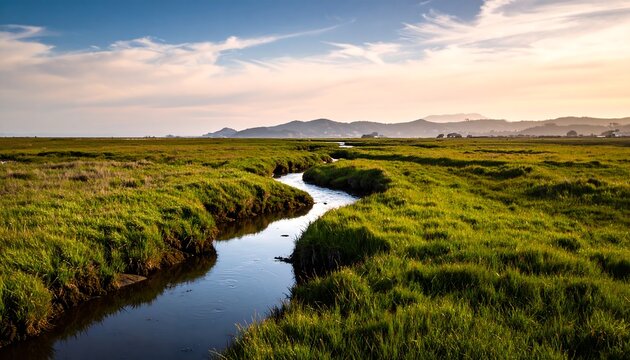 Serene marshland waterway at sunset