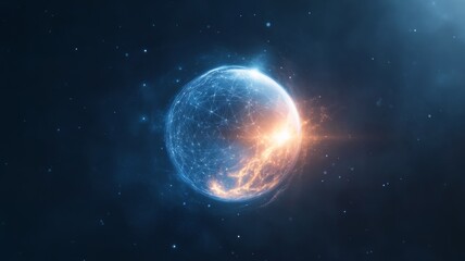 Digital glowing sphere with network connections in space