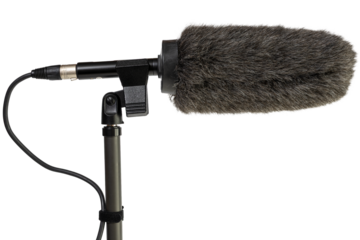 Professional shotgun microphone with windscreen cut out for capturing high quality audio on a boom stand