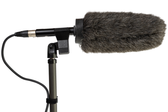 Professional shotgun microphone with windscreen cut out for capturing high quality audio on a boom stand