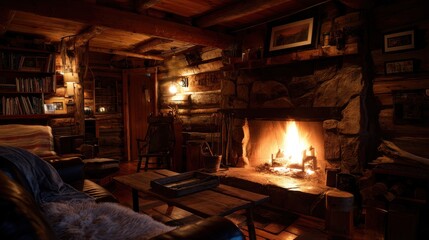 Warm cabin interior featuring a glowing stone fireplace and comfortable sofa. Rustic log walls, wooden beams, and bookshelves provide a cozy ambiance.