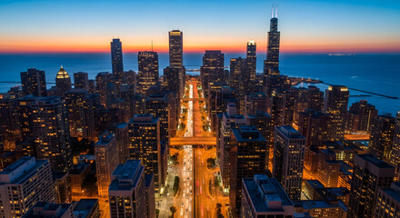 Chicago City Skyline at Sunset with Illuminated Streets
