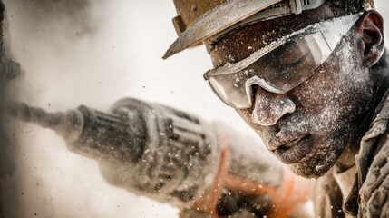 Close-up of a construction worker wearing safety gear and glasses during work outdoors