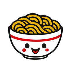 Adorable kawaii noodle vector in a white bowl with a expressions face. Perfect for Japanese food design, kids menu, restaurant branding, and cute cartoon artwork.