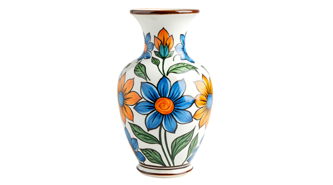 Beautiful hand-painted ceramic vase with vibrant blue and orange floral design on a