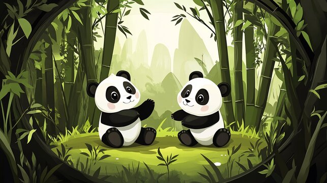 Two adorable pandas sit amidst lush bamboo, mountains softly looming in the background, painted in soft tones - Powered by Adobe