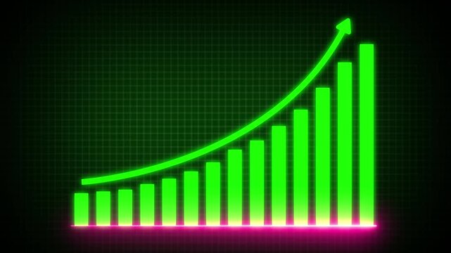 Raising green bars of graph animation with the red annotating arrow on white background. Grow chart business concept. Chart animation for business presentation.