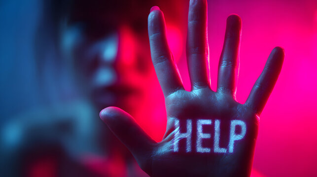 Help sign on womans hand, victim asking for help, assault in family, awareness