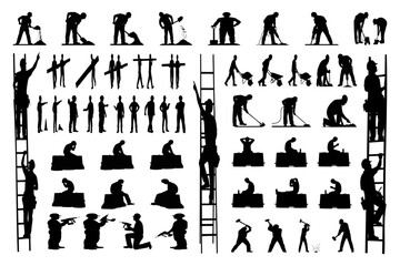 Diverse silhouettes of construction workers in action, laborers at work on site various jobs.