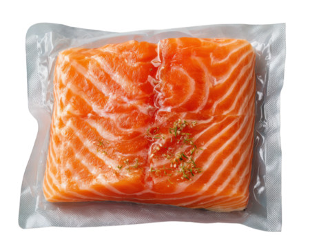 Fresh salmon fillet, vacuum sealed in transparent plastic packaging, vibrant orange color, marbled texture, ready for cooking, healthy seafood, isolated on transparency background
