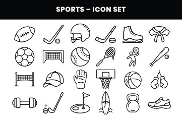  Sports icon set isolated on white background featuring various game equipment