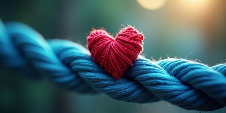 Connection, love, and emotional strength symbolized by red yarn heart resting on thick blue rope in natural light