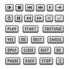 A collection of retro pixel art UI buttons for games and apps.