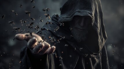 Enigmatic hooded figure surrounded by swarm of flies in a dark fantasy setting.