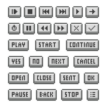 Naklejki A collection of retro pixel art UI buttons for games and apps.