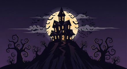 Haunted Mansion on Hilltop under Full Moon with Bats