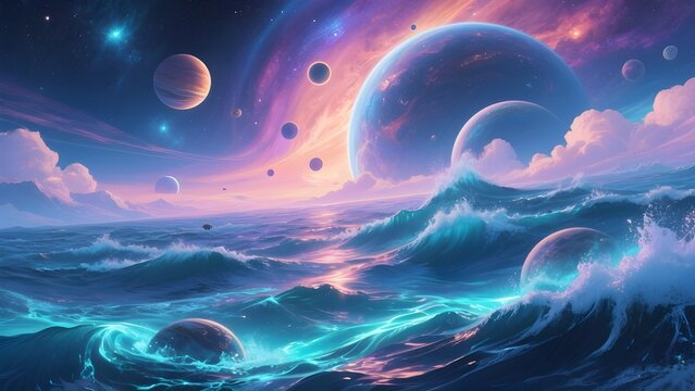 fantasy cosmic ocean with planets and colorful space sky illustration