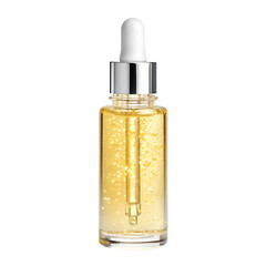 A shining golden cosmetic oil serum in a clear glass dropper bottle stands perfectly upright, ideal for clean isolated product compositions.
