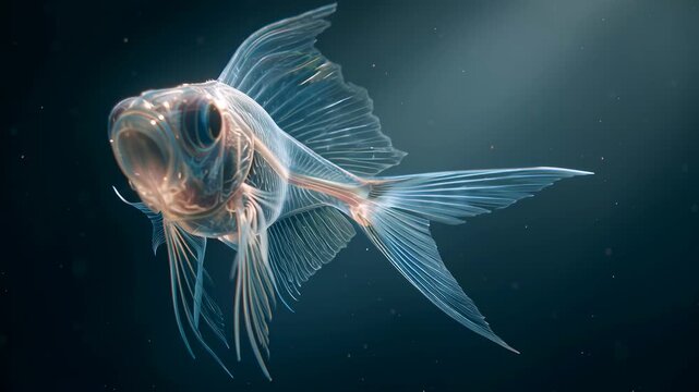 Macro video of bioluminescent deep-sea creature with glowing internal structures. Ethereal light effects, surreal underwater horror fantasy scene.