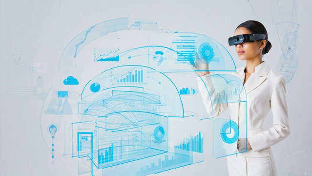 Professional woman interacting with advanced augmented reality display, visualizing data analytics in a modern business concept