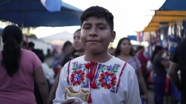 young hispanic boy enjoying traditional street food at vibrant outdoor market, wearing white embroidered shirt. cultural and culinary exploration. travel, lifestyle. el salvador independence day - Powered by Adobe