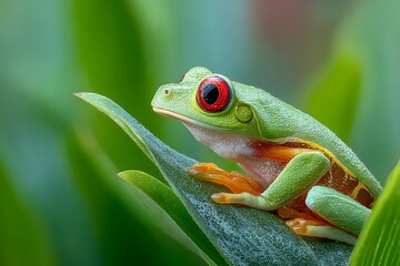 Obraz premium Burgundy sighted frog seated on plant part among flourishing wilderness 
