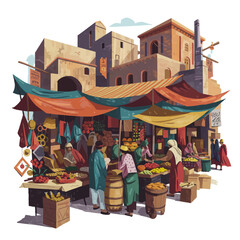 A vibrant illustration of a bustling marketplace with people shopping and vendors selling goods under colorful awnings.