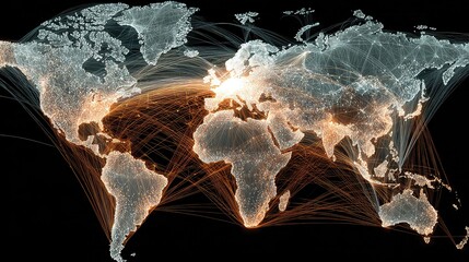 Dynamic global network map with interconnected lines and glowing nodes representing international connections, perfect for illustrating worldwide data flow