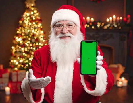 Santa Claus holding a green screen phone in front of a decorated Christmas scene - Powered by Adobe
