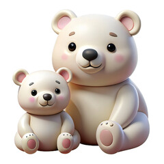 Two adorable teddy bears, one large and one small, sitting together, isolated on transparent background