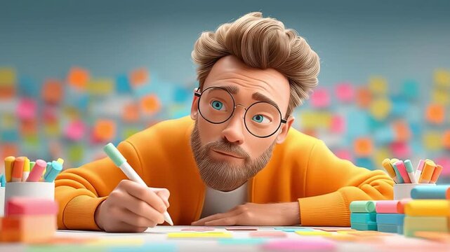 Creative corporate professional with glasses focused on q4 performance planning using colorful sticky notes and markers in bright workspace for ideas