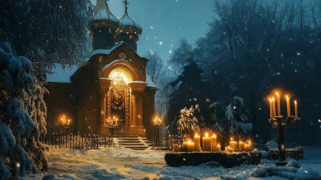 Snow falling on small illuminated orthodox church with burning candles in the foreground during christmas eve