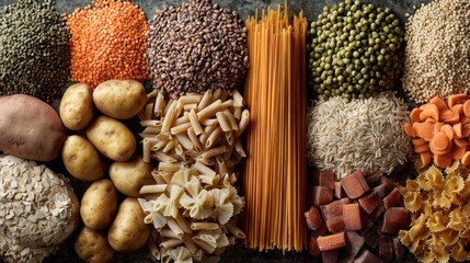 Variety of grains, pasta, and vegetables