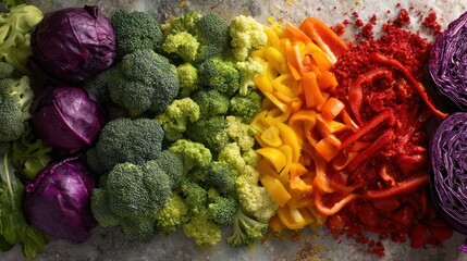 Colorful fresh vegetables arranged in a rainbow pattern on a textured surface